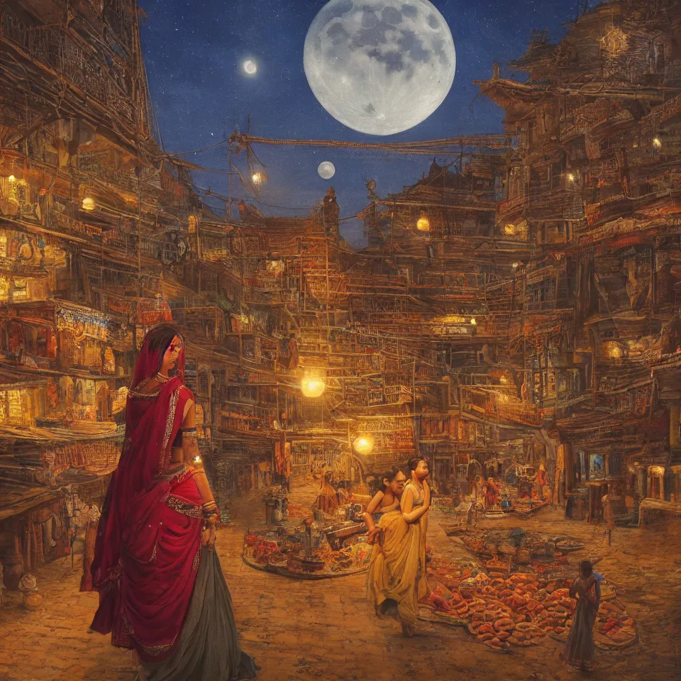 Prompt: young indian woman standing in a spice market at night by the ocean with the moon above, masterful intricate artwork, high detail 8 k