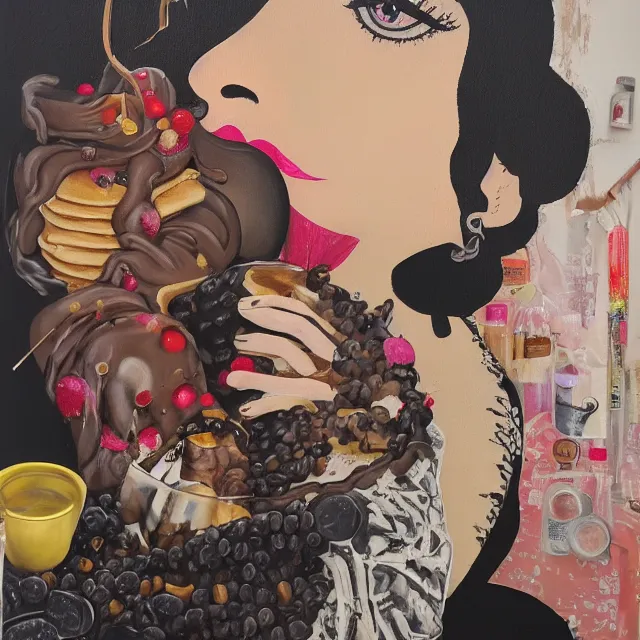 Prompt: sensual, a portrait in a female art student's bedroom, black walls, a woman sitting on a bed made of pancakes, honey dripping, berries dripping, chocolate, surgical supplies, ikebana, octopus, neo - expressionism, surrealism, acrylic and spray paint and oilstick on canvas