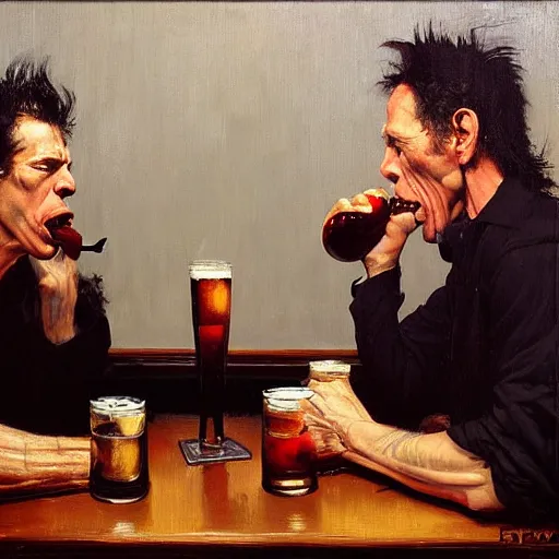 Image similar to Tom Waits and Iggy Pop drinking in a pub, oil painting by Phil Hale Jeremy Lipking norman rockwell