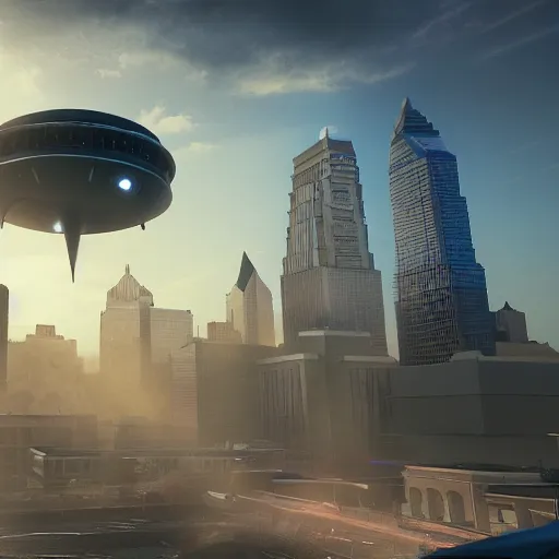 Image similar to alien ufo destroying philadelphia, artstation, volumetric lighting