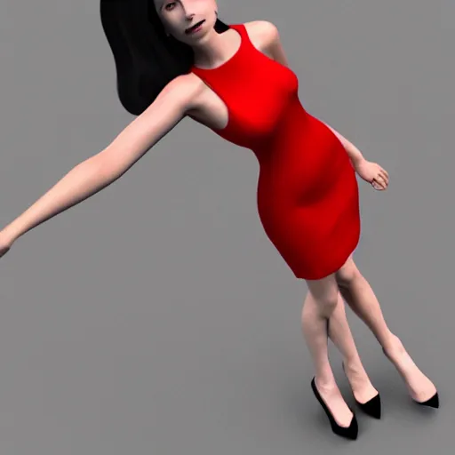 Image similar to woman, red short dress, black hair, realistic render, by milo manara, 3 d render, red high heels, face