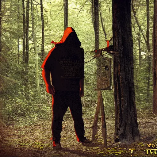 Prompt: skinwalker stalking campers at woods.