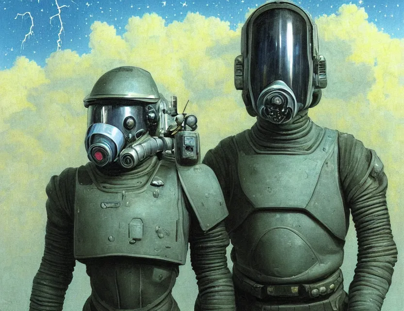 Image similar to a detailed portrait painting of a lone bounty hunter pilot wearing combat armour, gas mask and a reflective visor. Head and chest only. Movie scene, cinematic sci-fi scene. Flight suit, cloth and metal, accurate anatomy. portrait symmetrical and science fiction theme with lightning, aurora lighting. clouds and stars. Futurism by beksinski carl spitzweg moebius and tuomas korpi. baroque elements. baroque element. intricate artwork by caravaggio. Oil painting. Trending on artstation. 8k