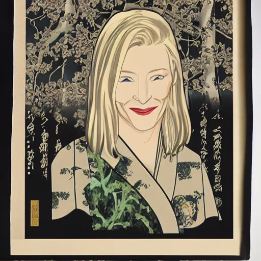 Image similar to cate blanchett in the style of japanese wood print