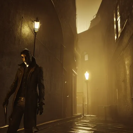 Image similar to corvo attano showing his outsiders mark, dunwall city, redshift render, cinematic lighting, rainy weather, melancholy atmosphere, dunwall city, volumetric light, octane render, dishonored game, dishonored 1, gothic architecture, realistic reflections, octane render 8 k