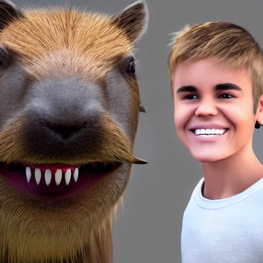 Image similar to hyperrealistic dslr film still of justin bieber smile with giant teeth of a capybara, stunning 8 k octane comprehensive 3 d render, inspired by istvan sandorfi & greg rutkowski & unreal engine, perfect facial symmetry, dim volumetric cinematic lighting, extremely hyper - detailed, incredibly real lifelike attributes & flesh texture, intricate, masterpiece, artstation, stunning