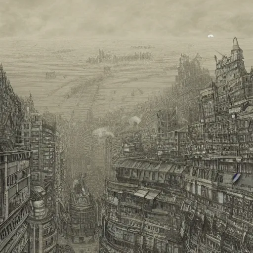 Image similar to dieselpunk city pollution river fog wires high detailed drawn by gustave dore perspective wide angle