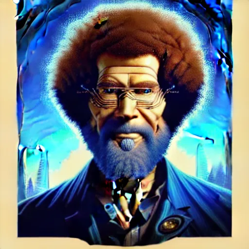 Image similar to bob ross with extremely large and intricate eye cyberpunk bionics with angry blue eyes and slim features looking askance, eye cyberpunk bionics, retro futurist style, intricate, elegant gleaming intricate baroque jewelry, angelic halo, highly detailed, digital painting, artstation, concept art, smooth, sharp focus, illustration, art by wlop, mars ravelo and greg rutkowski,