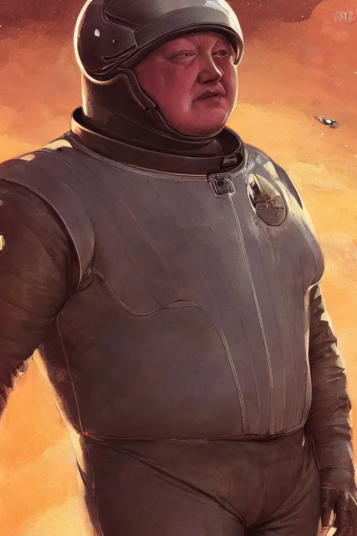 Image similar to portrait of baron harkonnen wearing leather spacesuit, detailed, sunshine, nebula space background, illustration by normal rockwell, artstation character art, john william waterhouse, concept art, greg rutkowski