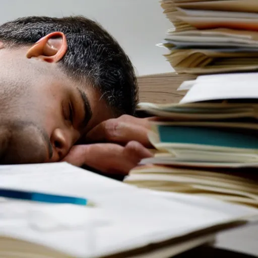 Image similar to a worker asleep between piles of papers