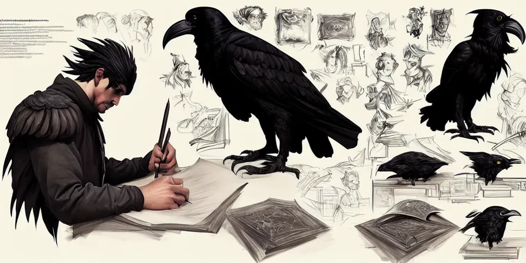 Image similar to a scholarly raven is seen writing at his desk. character sheet, character design, contrast, deep focus, turnaround, highly detailed, dramatic lighting, digital painting, artstation, concept art, matte, sharp focus, illustration, elegant, art by artgerm and greg f and alphonse mucha.