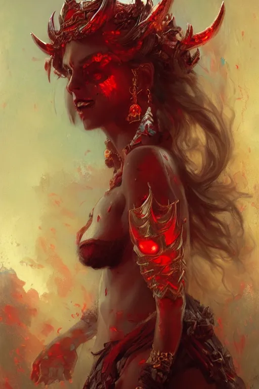 Image similar to attractive demon queen with red eyes painting by gaston bussiere, craig mullins, luis rollo, torso portrait, digital painting, highly detailed, artstation, sharp focus, illustration, concept art, hd