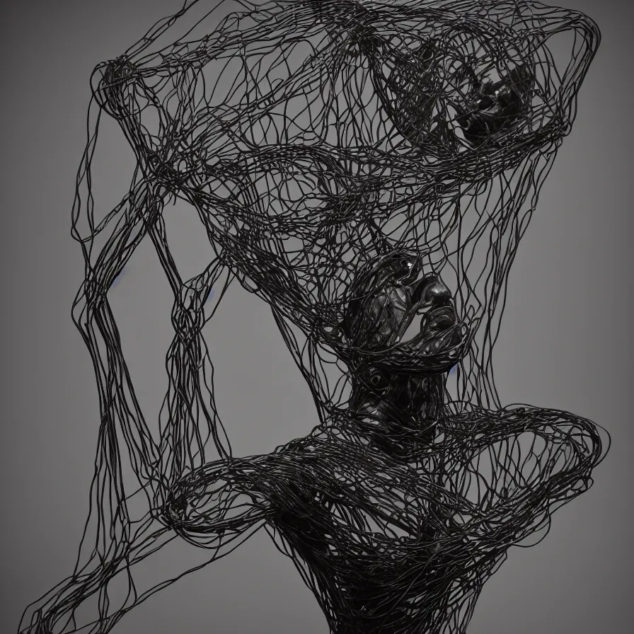 Prompt: extreme harsh lighting antique daguerrotype of geometric surreal sculpture of a human drowning in its own bad dreams, made of electrical tape and silicone tubing and black glass wire, fractal 3 d structure, sculpted by barbara hepworth and naum gabo, high contrast shocking detail trending on artstation 8 k