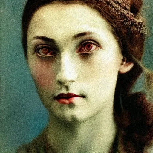 Image similar to portrait of a beautiful lady with silver eyes, vintage coloured photography by balthus