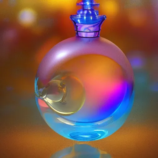 Image similar to perfume bottle floating in rainbow soap bubbles, path traced, environment, highly detailed, concept art, realistic, octane render, up close shot shinji aramaki, karol bak, alphonse mucha