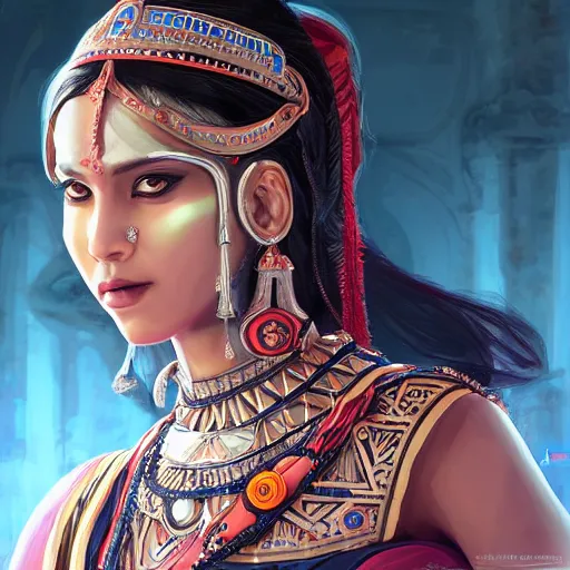 Image similar to A portrait of a cybernetic royal dark baroque indian tribal gamer girl. , trending on artstation, digital art, by Stanley Artgerm Lau, WLOP, Rossdraws, James Jean, Andrei Riabovitchev, Marc Simonetti, Yoshitaka Amano