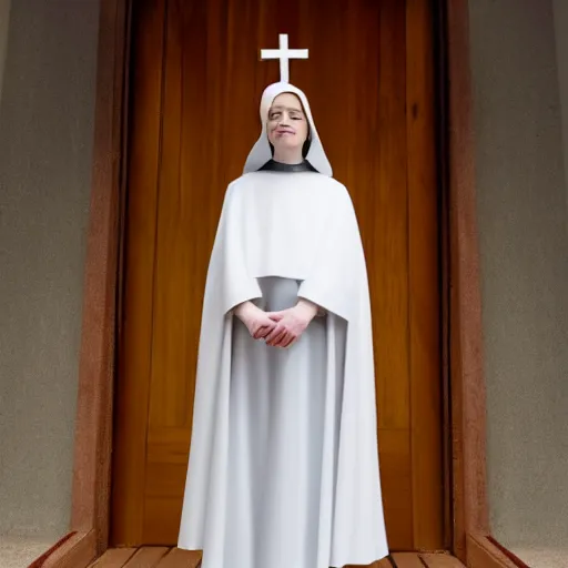 Prompt: A full body shot of Emma Stone dressed as a nun , catholic , high quality, fully detailed, 4k, inspired by handmaid's tale