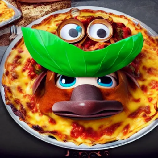 Image similar to cute platypus wearing a chef hat and holding a lasagna into an over, with three basil leaves over the lasagna, pixar style, ultradetailed, 3 d, ratatouille style