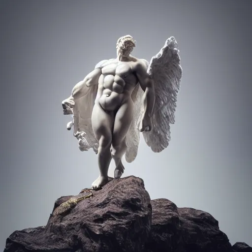 Image similar to photo of fullbody rococo delicate sculpture of a hulking herculean muscular onyx albino marble brock lesnar as an humanoid deity, clothed in silk, wings, sunrays, cinematic lighting, photorealistic, octane render, 8 k, depth of field, 3 d