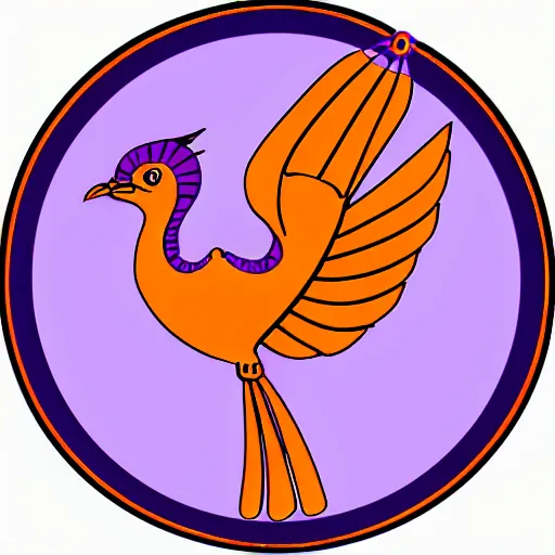 Prompt: phoenix salt bird round composition rebirth orange purple symbolism swirl tail feather graphic design Egyptian style simple design lineart