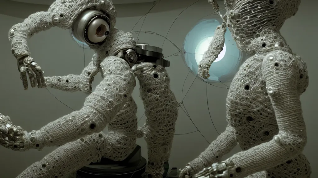 Image similar to a cybernetic symbiosis of a single astronaut eva suit made of wearing knitted yarn thread infected with diamond 3d fractal lace iridescent bubble 3d skin covered with insectoid compound eye camera lenses floats through the living room, film still from the movie directed by Denis Villeneuve with art direction by Salvador Dalí, wide lens,