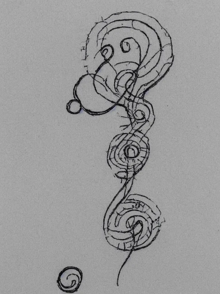 Image similar to a sketch of an acorn that turns into a tree in the shape of a treble clef with a wavy line in the middle, single line drawing