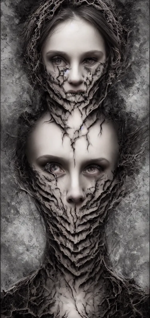 Image similar to dramatic matte portrait painting of woman with black mandelbrot fractal instead of face, horror, body horror, dark art, 4 k, detailed, realistic, psychotic, insane, crazy, mental illness, dramatic,
