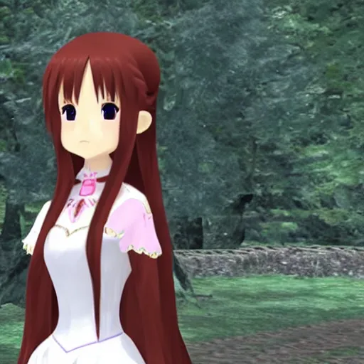 Image similar to yuuki asuna in her wedding dress, extremely long hair, nintendo 64