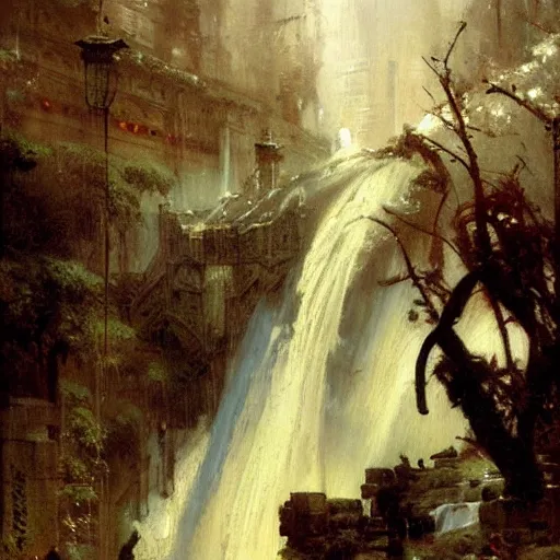 Image similar to waterfall flooding an entire city. victorian age. highly detailed painting by gaston bussiere, craig mullins, j. c. leyendecker