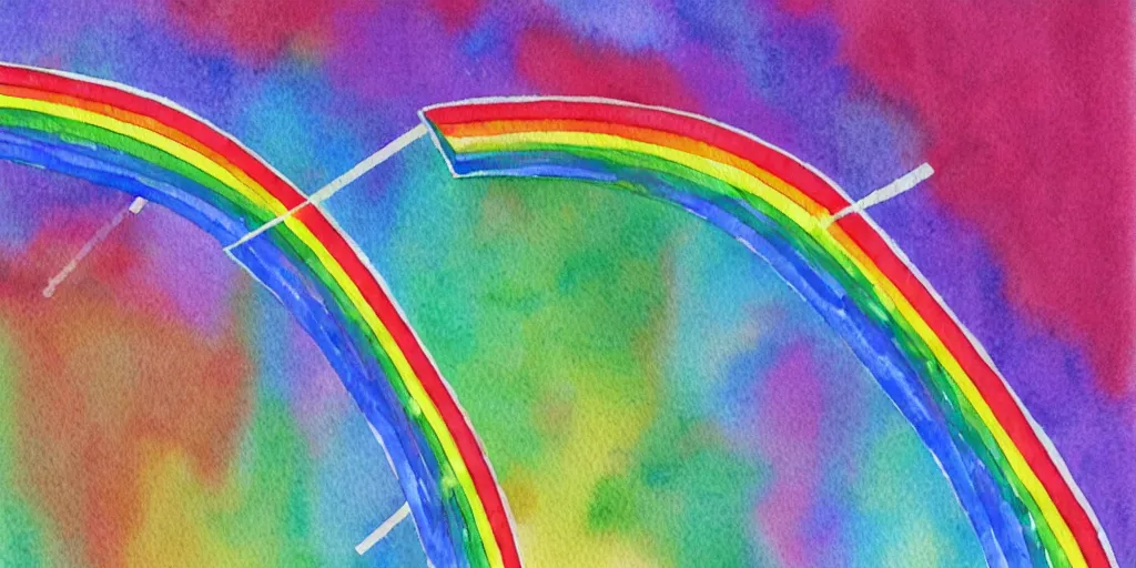 Image similar to musical notes in a prism rainbow, a curvy staff of musical notation flowing out of a prism rainbow. comic book watercolor, in the style of Pink Floyd Dark Side of the Moon