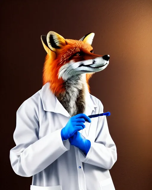 Image similar to photorealistic photo of anthropomorphic female fox animal dressed in labcoat, surgical mask covering mouth, putting on surgical gloves, fox animal, hospital in background, oil painting, 8 5 mm f / 1. 4