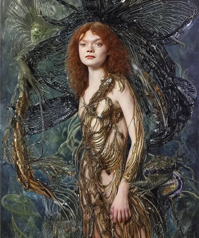 Prompt: a portrait photograph of a fierce sadie sink as a strong alien harpy queen with amphibian skin. she trying on a glowing and black lace shiny metal slimy organic membrane dress and transforming into an evil insectoid snake bird. by donato giancola, walton ford, ernst haeckel, peter mohrbacher, hr giger. 8 k, cgsociety