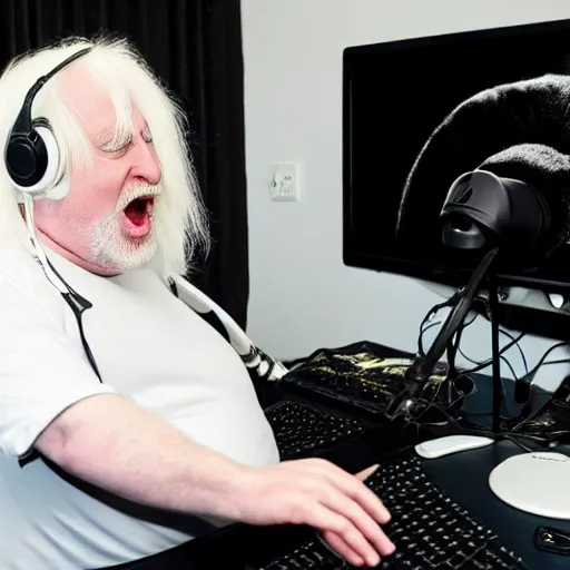 Image similar to obese Edgar Winter wearing a headset yelling at his monitor while playing WoW highly detailed wide angle lens 10:9 aspect ration award winning photography by David Lynch esoteric erasure head