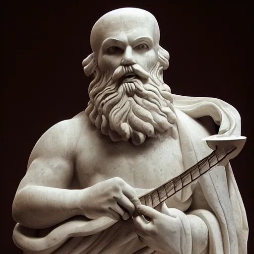 Image similar to epic greek marble statue of a bald man with a long beard, holding a guitar, photo, chiaroscuro