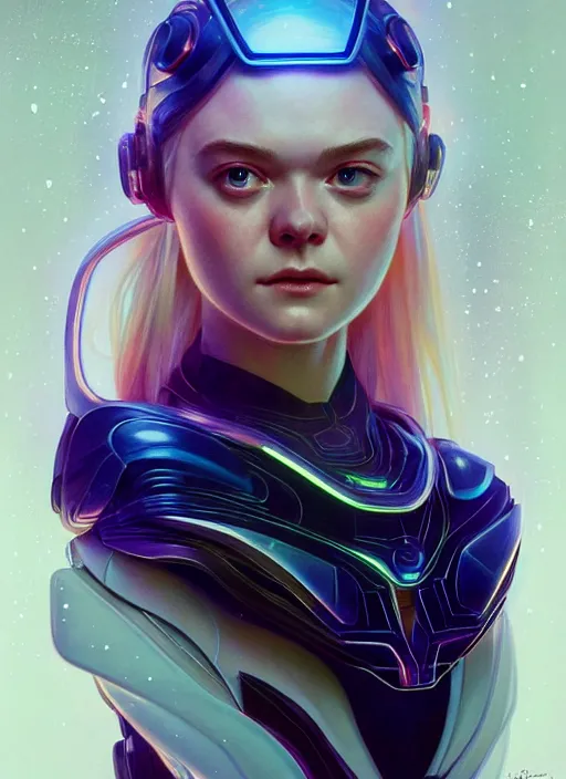 Image similar to asymmetrical!! portrait of elle fanning sci - fi, tech wear, glowing lights!! intricate, elegant, highly detailed, digital painting, artstation, concept art, smooth, sharp focus, illustration, art by artgerm and greg rutkowski and alphonse mucha