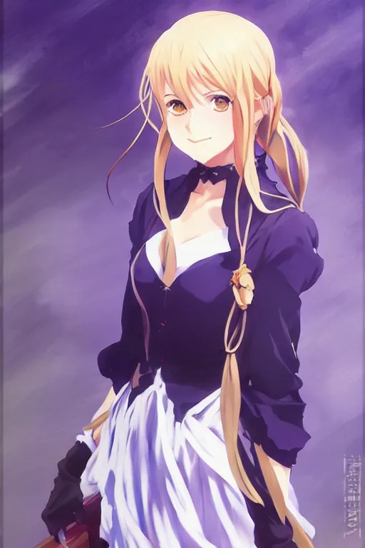 Prompt: greg manchess painting of anime art full body portrait character concept art, anime key visual of violet evergarden, trending on pixiv fanbox, violet evergarden