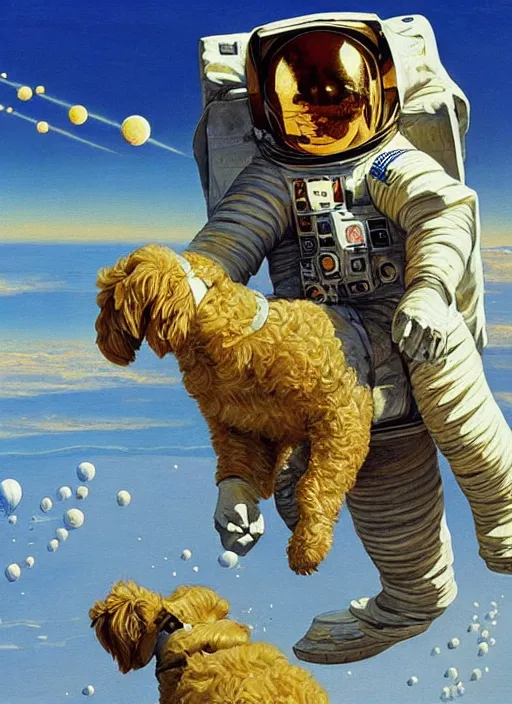 Prompt: a golden doodle astronaut, large scale painting by robert mccall and vladimir kush