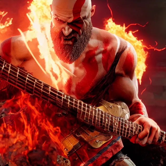 Image similar to kratos shredding on a flaming stratocaster guitar, cinematic render, god of war 2 0 1 8, santa monica studio official media, lightning, stripe over eye