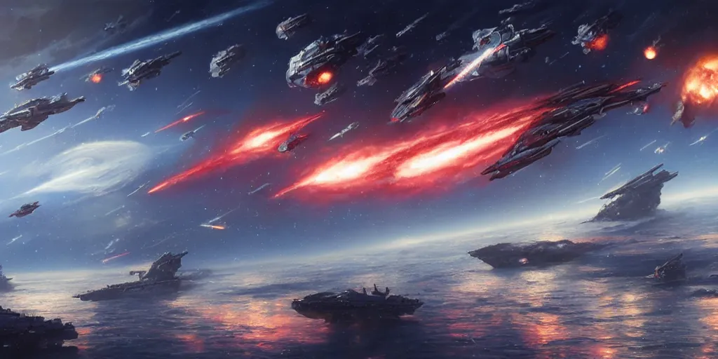 Prompt: A highly detailed Sci-Fi concept art matte oil painting set in space by Greg Rutkowski and Thomas Kinkade of an epic Space battle , Two massive capital ships firing at it each other ,while small fighter ships fly in formation ready to attack , planets and stars in the background , perspective .