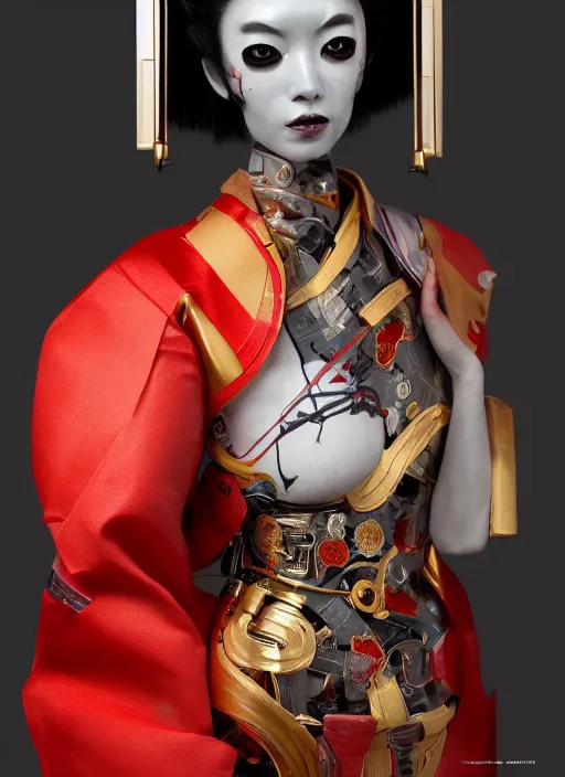 Image similar to portrait of a stylish futuristic geisha cyborg, with a red kimono with japanese golden signs written on it, kintsugi, modern fine art, fractal, intricate, elegant, highly detailed, digital photography, subsurface scattering, in the style of ghost, by jheronimus bosch and greg rutkowski,