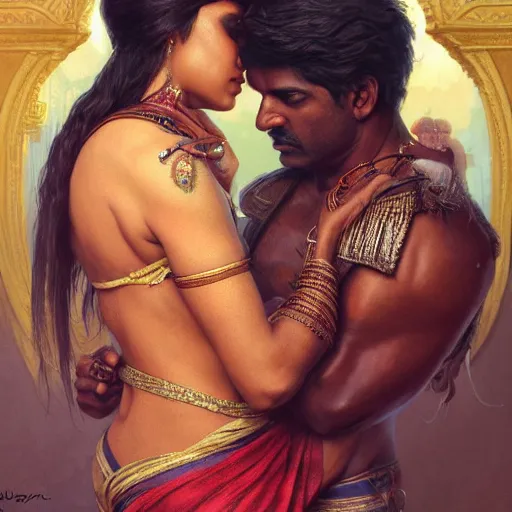 Prompt: portrait painting of dark muscular indian couple kissing, ultra realistic, concept art, intricate details, eerie, highly detailed, photorealistic, octane render, 8 k, unreal engine. art by artgerm and greg rutkowski and alphonse mucha