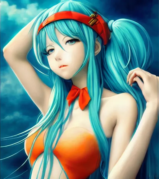 Image similar to Anime art very beautiful Hatsune miku by artgerm, Gil Elvgren, Vladimir Volegov, Earl Moran, Enoch Bolles, symmetrical shoulders