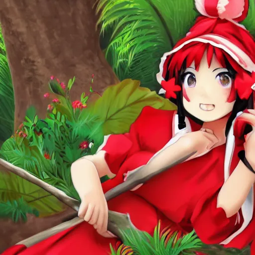 Image similar to a medibang of reimu in the jungle wearing bonnet