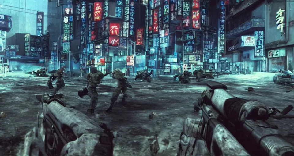 Prompt: 1989 Video Game Screenshot art of Neo-tokyo Cyborg bank robbers vs police FPS, Multiplayer set-piece Ambush, Tactical Squads :10, Police officers under heavy fire, Suppressive fire, Pinned down, Destructible Environments, Gunshots, Headshot, Bullet Holes and Anime Blood Splatter, :10 Gas Grenades, Riot Shields, MP5, AK47, MP7, P90, Chaos, Anime Machine Gun Fire, Shootout, :14 Akira style :17, Created by miHoYo + Nexon games : 20