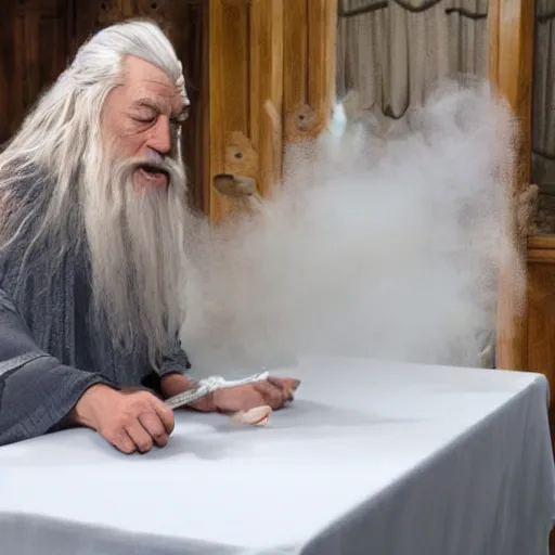 Image similar to gandalf sniffing and snorting white substance from table