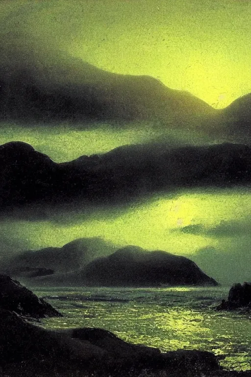Prompt: Donegal landscape after the storm, the sea is shimmering, arkhip kuindzhi, twilight,