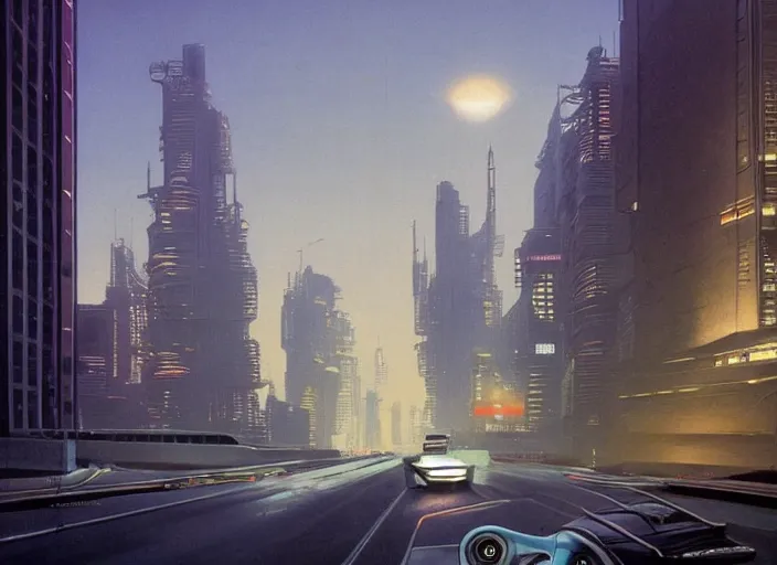 Image similar to a car driving down a street next to tall buildings the night at mignight, cyberpunk art by Chesley Bonestell, cgsociety, retrofuturism, matte painting, reimagined by industrial light and magic