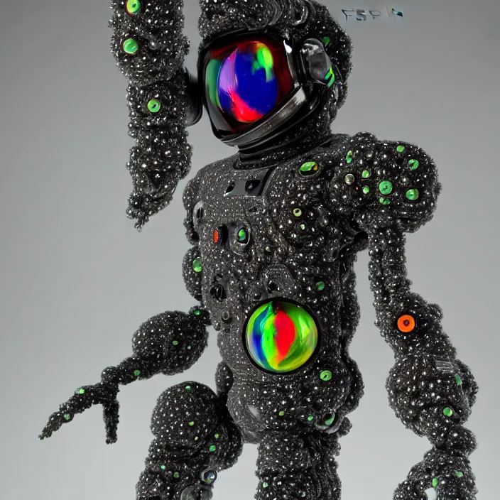 Image similar to a cybernetic symbiosis of a single astronaut mech-organic eva suit made of pearlescent wearing anodized thread knitted shiny ceramic multi colored yarn thread infected with kevlar,ferrofluid drips,carbon fiber,ceramic cracks,gaseous blob materials and diamond 3d fractal lace iridescent bubble 3d skin dotted covered with orb stalks of insectoid compound eye camera lenses orbs floats through the living room, film still from the movie directed by Denis Villeneuve with art direction by Salvador Dalí, wide lens,