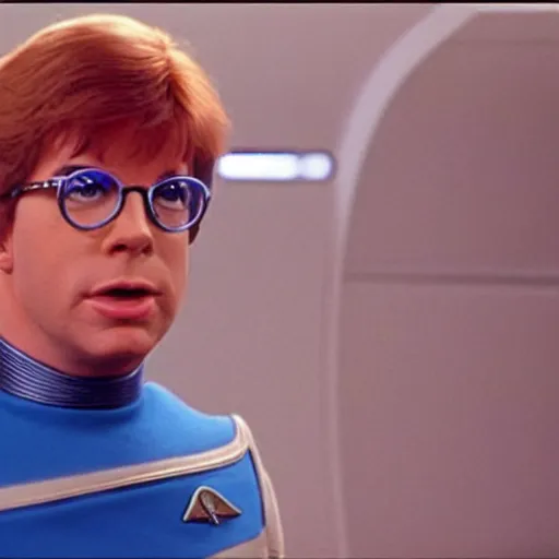 Image similar to austin powers as lieutenant riker on the bridge of the starship ncc-1701-d