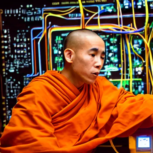 Prompt: techno monk in orange robes with wires and circuit boards coming out of his face